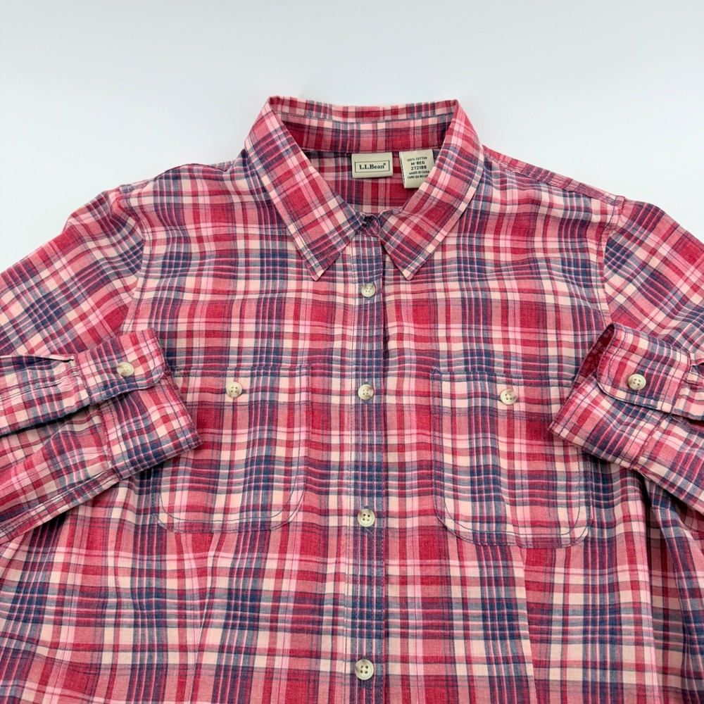 LL Bean Plaid Button Down Roll Tab Shirt 272188 Medium Red Pink Blue Cotton
